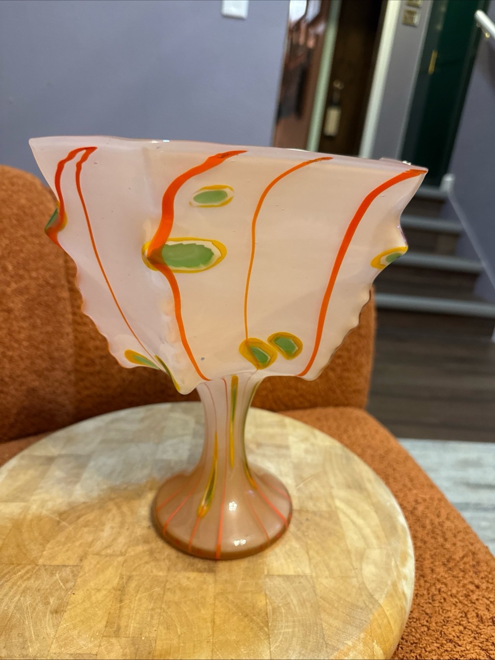 Handblown Art Glass Compote with Orange and Green Swirl